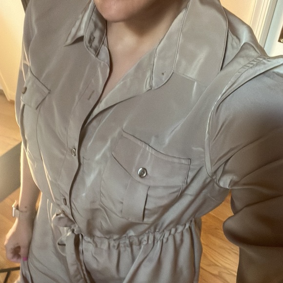 Military button khaki lightweight dress w/pockets, attached drawstring belt L - Picture 2 of 7